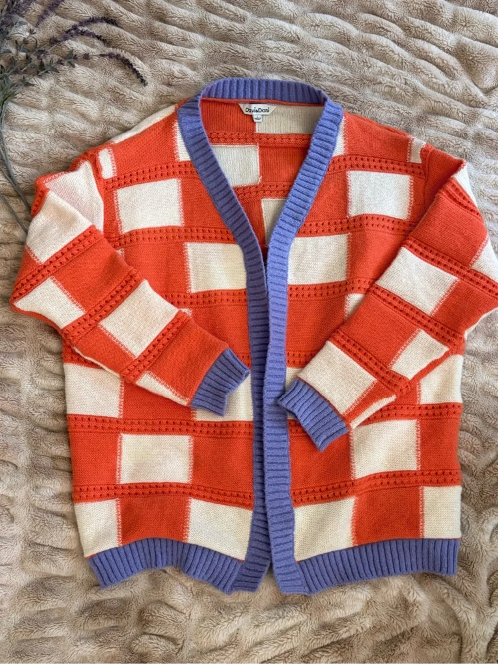 Davi & Dani Orange and Cream Checkered Cardigan with Lavender Trim Large - Picture 2 of 5